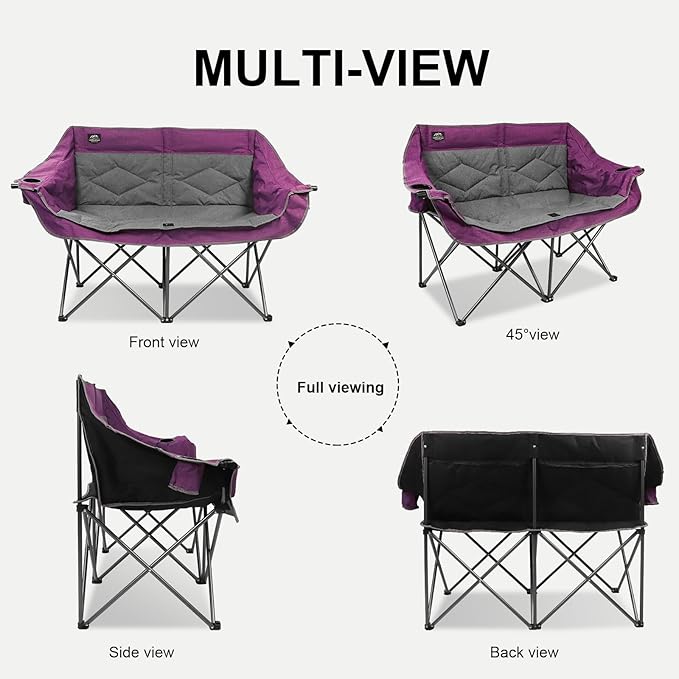 Folding Loveseat Camping Chair,Portable Double Chair w/Cup Holder,Wine Glass Holder,Carry Bag Heavy Duty Lawn Chair for 2 Adults,Perfect for Camp,Hiking,Picnics and Beach Trips,Purple