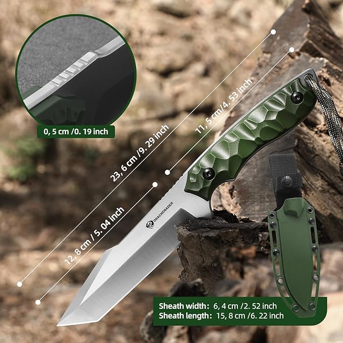 9.29" Tactical Knife B-ER-TANTO POINT, 5Cr14MoV Steel Blade Fixed Blade Tanto Knife with ABS Sheath, Gift for Men, Green, Camping Hunting and Hiking