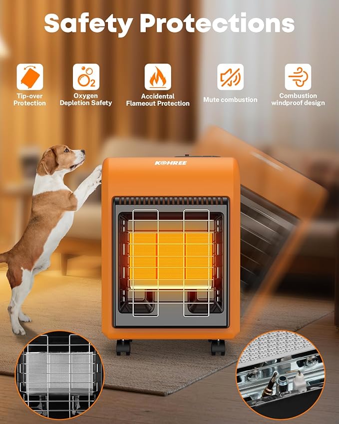 Kohree 18,000 BTU Portable Propane Heater With ODS & Tip-Over Protection, Gas Regulator & Hose for Outdoor Tank, Patio, Garage, Camping (Orange)