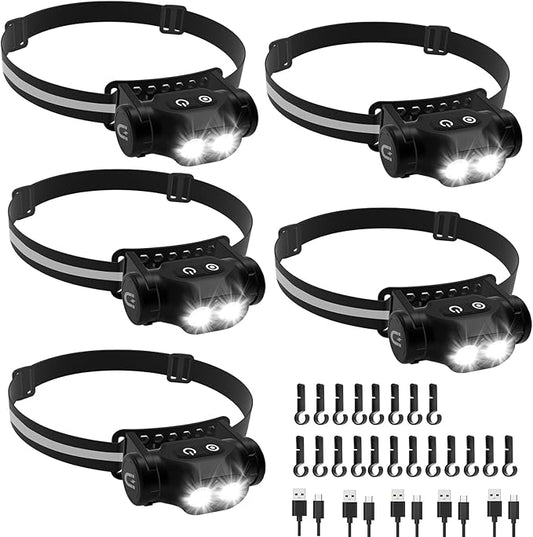 High Lumens Rechargeable Magnetic LED Headlamp for Camping, Hiking, Caving, Fishing, Waterproof Impact-Resistant Bright Head Light with 4 Light Modes, Adjustable Headstrap (5 Pack Magnetic Headlamp)