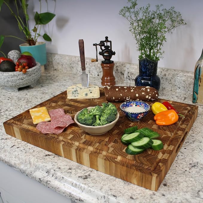 EcoDecors FSC Certified Solid Teak Wood Cutting Board 24x18, Large End Grain Butcher Block with Juice Groove, Side Handles, Charcuterie Slots, Reversible