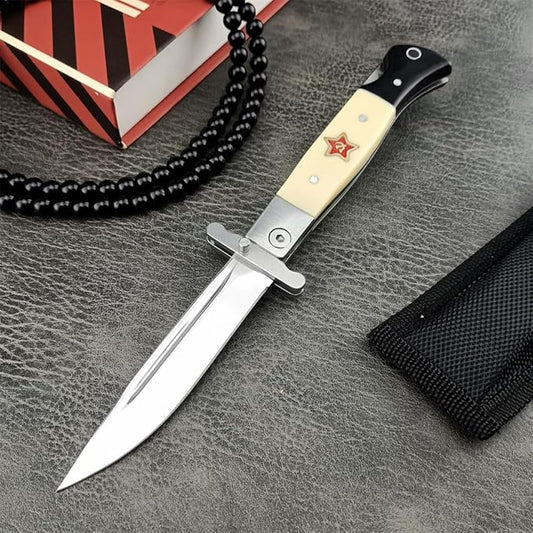 Finka-NKVD KGB Folding Pocket Knife,3.66" Mirror Polished 440C Blade and ABS Handle,Nylon Sheath,Assisted Opening Flipper Knife with Lockback, EDC for Camping Hunting Survival (Ivory white)