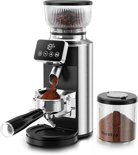 Neretva Burr Coffee Grinder, 2 in 1 Professional Espresso Grinder Stainless Steel Suit 51~58mm Portafilter Coffee Bean Grinder 30 Precise Setting & Anti-Static for Espresso/French Press/Drip/Cold Brew