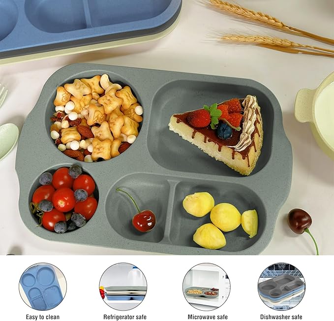 shopwithgreen Wheat Straw Dinnerware Cutlery Set, 20 PCS Kids Toddlers Divided Plates and Bowls Sets, Microwave Unbreakable Tableware Spoon Knife Cup, Dishwasher Safe for Kitchen Picnic School
