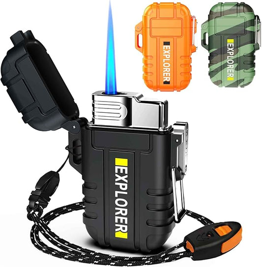 Waterproof Butane Torch Lighter Refillable Windproof Jet Flame Lighters for Fireplace Fireworks Grill Camping BBQ Lighter, Black(Without Gas)