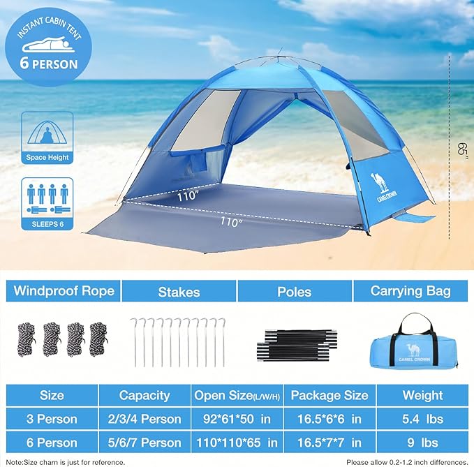 CAMEL CROWN Beach Tent UPF 50+ Sun Shelter for 2/3/5/6 Person, Lightweight Portable Sun Shade with Sand Anchor, Family Beach Day & Outdoor Adventures