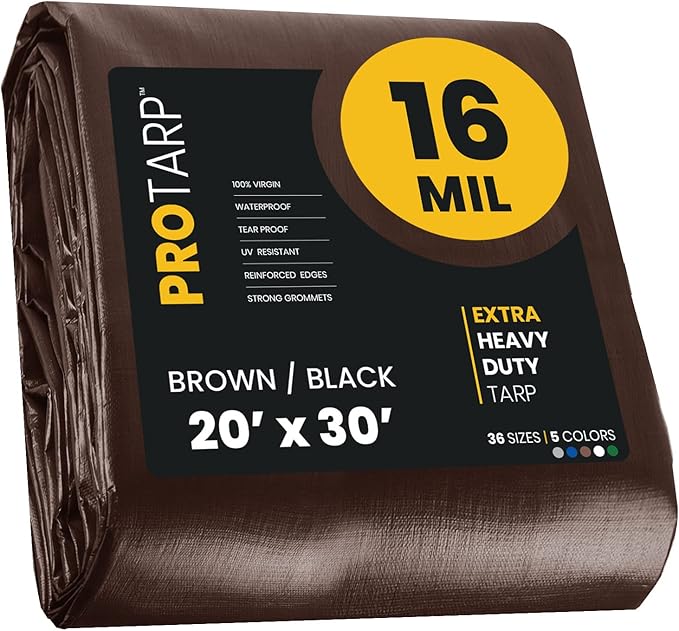 PROTARP Extra Heavy Duty 16 Mil Tarp Cover, Waterproof, UV Resistant, Rip and Tear Proof, Poly Tarpaulin with Reinforced Edges for Roof, Camping, Patio, Pool, Boat. (Brown/Black 20′ X 30′)