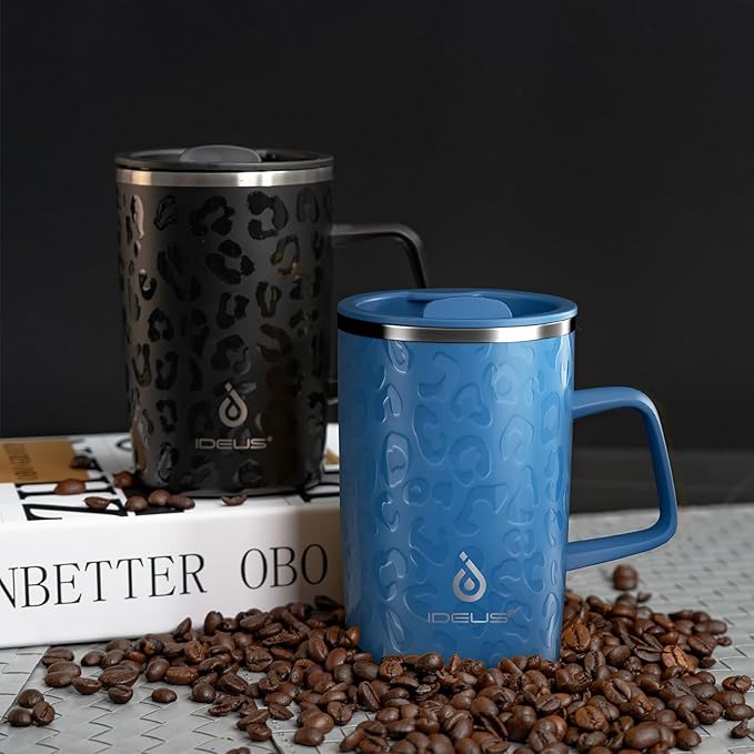 Ideus Vacuum Insulated Coffee Mug, 16oz Reusable Stainless Steel Thermal Double Walled cup with Handle and Slider Lid for Hot & Cold Beverages, BPA Free (Leapord Blue)