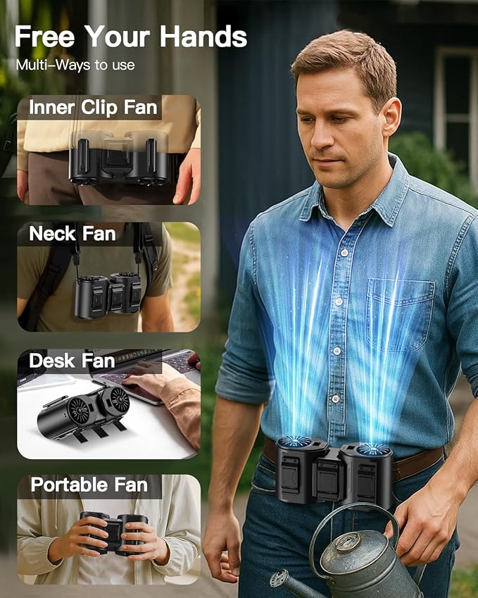 Portable Waist Fan Rechargeable, Detachable Dual Motors Personal Fans 5 Speeds 20000RPM Strong Airflow, 10000mAh 24H Runtime, Portable Neck Fan, Waist Belt Clip Fan for Outdoor, Camping (Black)