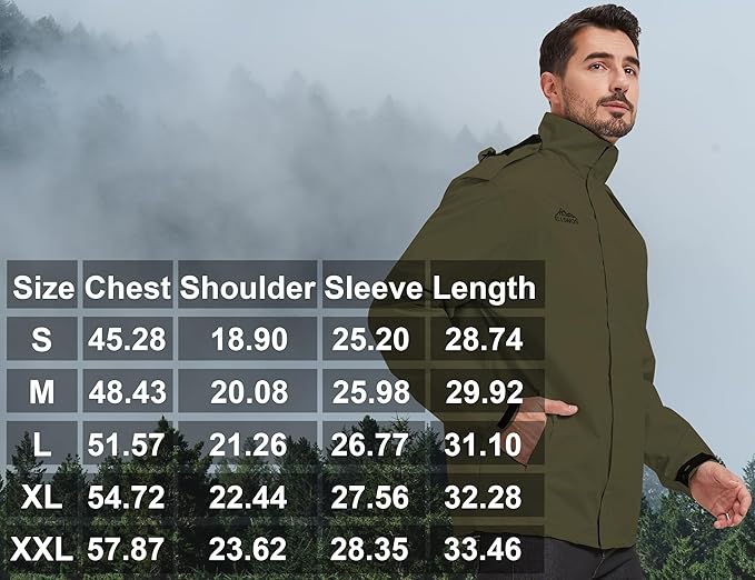 ELLSWOS Men's Waterproof Raincoat Lightweight Rain Jacket with Detachable Hood Softshell Windbreakerl for Hiking Travel
