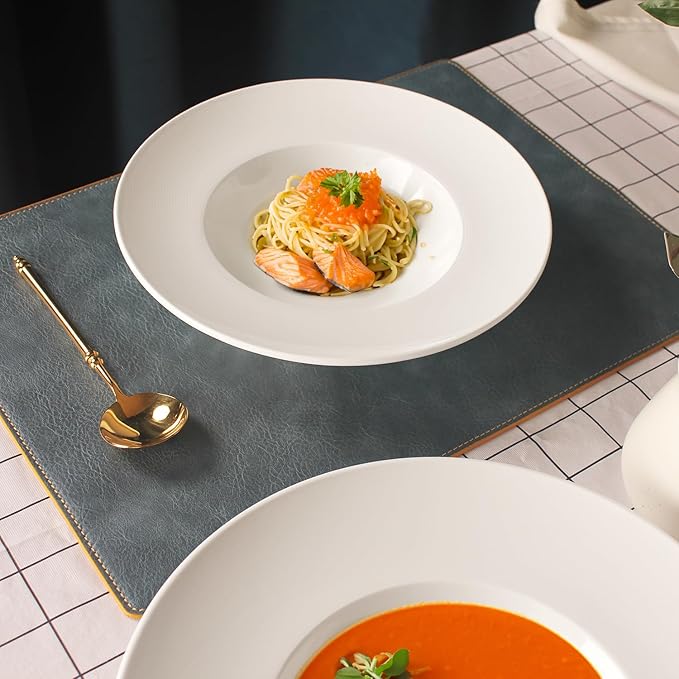 Porcelain Soup Bowls soup Plate Pasta Bowl Set of 4 Shallow Bowl Plates, 14 oz Rimmed Bowls with Rim, Microwave ovens and refrigerators safe, Line texture 11.9 Inch