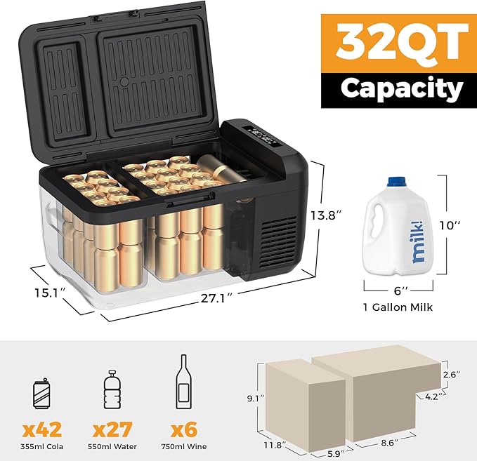 Setpower RF30 Electric Cooler 12V Car Refrigerator With APP Control,32QT(30L) Dual Zone 12 Volt Fridge Freezer, Portable Refrigerator Plug in Cooler for Car,Camping,Vehicles,RV,SUV,Truck,Travel