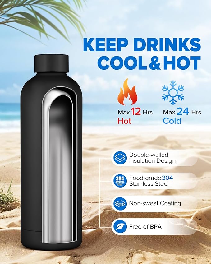 Insulated Water Bottle with Lid, 25 oz Reusable Leak-Proof Metal Stainless Steel Water Bottles for Travel, Sports, Gym, Outdoor (Black)