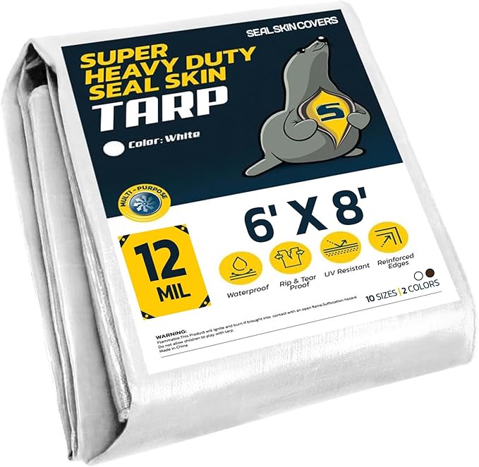 Seal Skin Covers Heavy Duty Waterproof Tarp 6x8 FT, 12 Mil 8 OZ 120 GSM Thick White Poly Tarp with Rustproof Grommets, Tear-Proof Cover with Reinforced Edges for Camping, Pool, Canopy Use