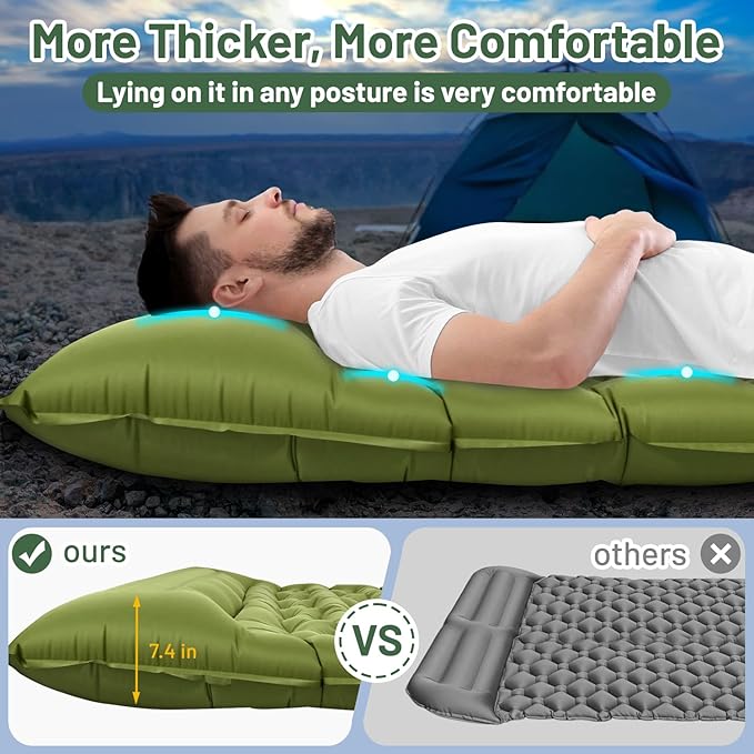 Sleeping Pad for Camping, 6" Extra Thick Double Sleeping Pad with Pillows & Built-in Foot Pump, Ultralight Camping Sleeping Mats Compact for Travel Tent Hiking Backpacking Car Camp Gear