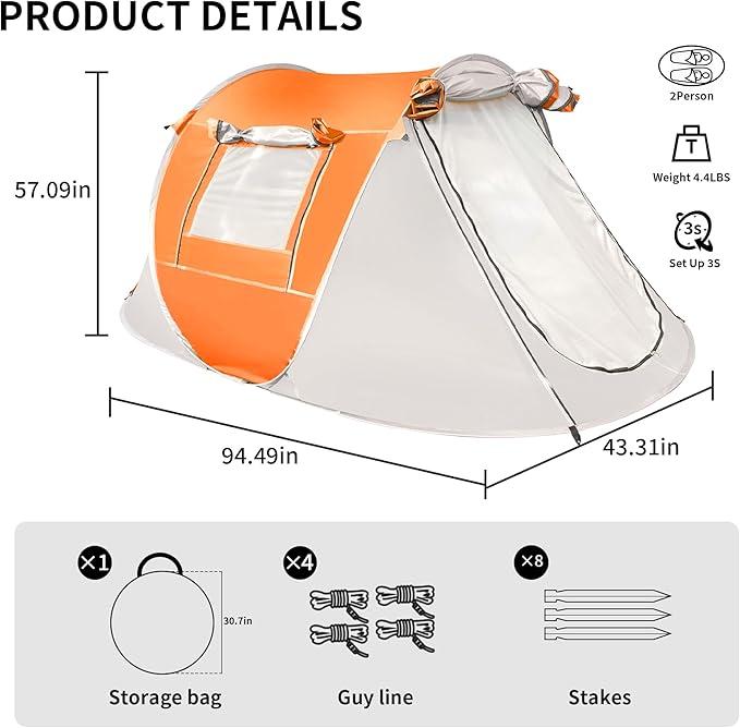 TENPLAY Pop Up Tent,2 People,190T Polyester,Waterproof2000mm,PU Coating,Automatic Setup,2Door,UV Protection,Lightweight,Portable Tent for Hiking,Picnic,Camping