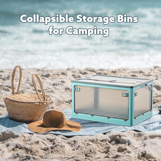 2 Pack Plastic 4 Doors Collapsible Storage Bins with Lid & Wheels, 50 Liters Folding Storage Bins, Stackable Multifunctional Box for Camping Clothes Snack Storage