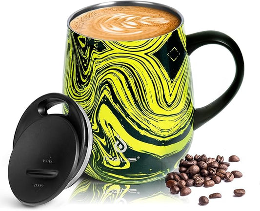 Ideus 16 oz (470 ml) Insulated Coffee Mug with Handle and Lid, Double Wall Stainless Steel Vacuum Thermal Coffee Mug, Travel Coffee Cup Thermal Cup for Home and Office (Yellow Zebra)
