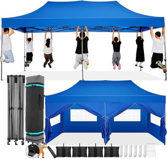 COBIZI 10x20 Pop Up Canopy with 6 Sidewall,Heavy Duty Canopy UPF 50+ All Season Wind Waterproof Commercial Outdoor Wedding Party Tents for Parties Gazebo with Roller Bag(10 x 20 ft Blue)