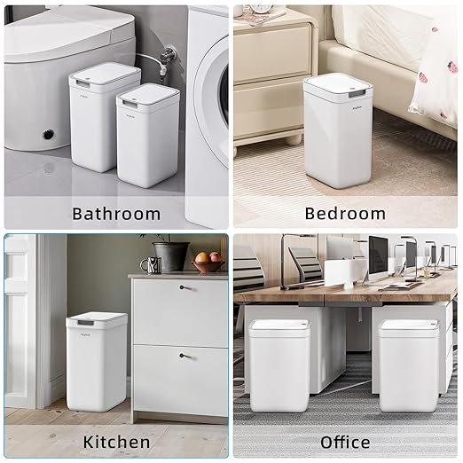 MOPALL 2 Pack Bathroom Trash Can with Lid, 3.6Gal + 2.4Gal Garbage Can with Pop-Up Lid, Small Trash Can Dog Proof, Slim Trash Bin Waste Basket for Toilet, Office, Bedroom, Living Room, Kitchen (White)