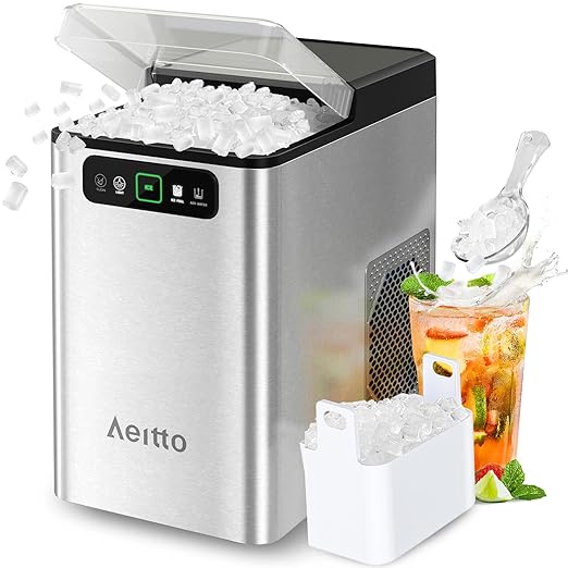 Aeitto Nugget Ice Maker Countertop, Pellet Ice Machine Soft Chewable Ice 40lbs/Day, One-Click Operation, Auto Self-Cleaning Crushed Ice Makers Stainless with Scoop for Home/Kitchen/Office (Silver)