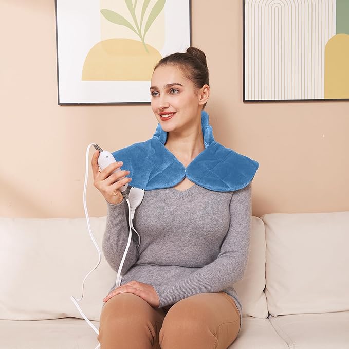 Ambershine 19''x24'' Weighted Neck & Shoulder Heating Pad, 2.5lbs with 12 Temperature Settings& 4 Auto-Off Timers, Pain Relief for Neck/Shoulder/Back, Christmas Gifts for Women Men Mom Dad(Light Blue)