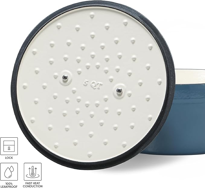 CAROTE Cast Iron Dutch Oven Pot with Lid, Enameled Dutch Oven for Sourdough Bread Baking, Dual Handles, Heavy-Duty Cast Iron Pot, 5QT, Blue