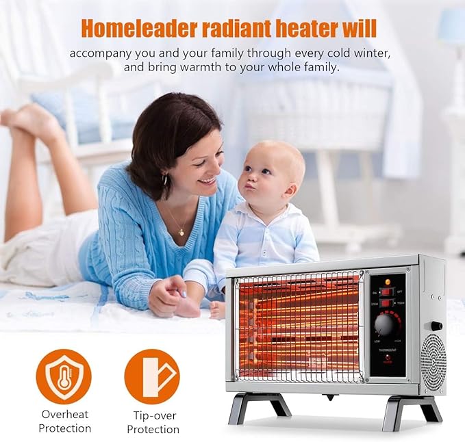 Homeleader ETL Portable Radiant Heater, 1250W/1500W Indoor Space Heater, Rapid Heating with Adjustable Thermostat, Perfect for garages, workshops, Warehouses, White