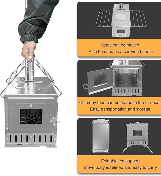 Hot Tent Stove, unho Wood Burning Stove, Portable Wood Stove with 6 Stainless Chimney Pipes for Outdoor Heating & Cooking, Ice Fishing, Hunting,Winter Warmth