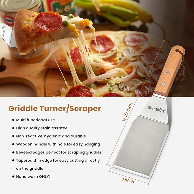 Stanbroil Large Metal Griddle Spatula Set with Long Flat Spatulas and Cast Iron Grill Press for Flat Tops, Griddles, Grills, Ovens and Stoves,Set of 4