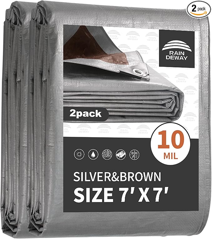 RAINDEWAY Tarps Heavy Duty Waterproof 7x7 Feet(2 Pack),10Mil Thick Multipurpose Poly Tarp Cover with Metal Grommets and Reinforced Edges,Silver/Brown Tarp