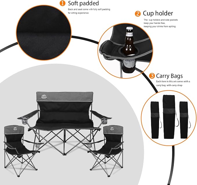 3 Piece Portable Camping Chairs Set,Folding Lawn Chair Set with Cup Holder,Outdoor Heavy Duty Comfy Chairs,Loveseat Chair Perfect for Family Hiking,Picnics and Beach Trips,Black