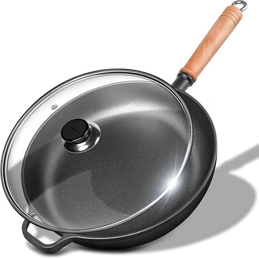 12" Cast Iron Skillet with Lid & Removable Wooden Handle, Pre-Seasoned Frying Pan for Stove, Oven, Grill & Campfire Cooking (1, 12")
