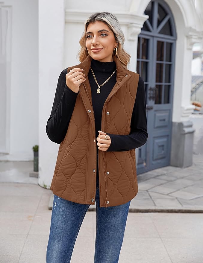 Zeagoo Puffer Vest Women Sleeveless Quilted Jacket Lightweight Snap Zip Up Stand-up Collar Down with Pockets Outerwear