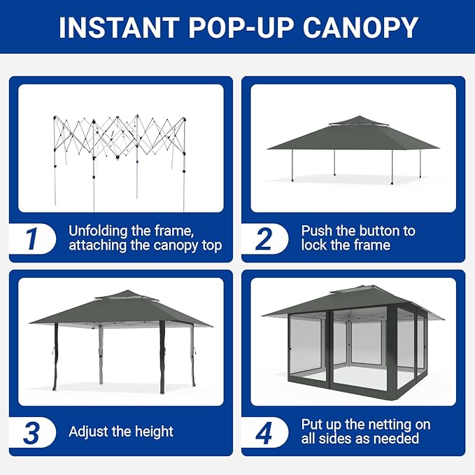 Favofamilie13x13 FT Pop Up Canopy, Instant Setup Gazebo with 4 Sidewall, Wheeled Carry Bag, 4 Sandbags & 4 Ropes, UV-Resistant Top, Heavy Duty Outdoor Shelter for Backyard Camping Events, Grey