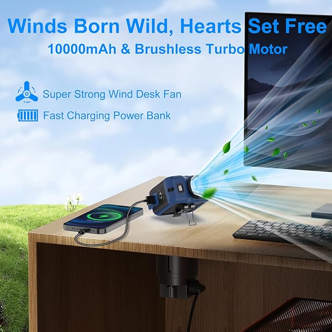 7-in-1 Multi-Use Portable Fan Hands Free Flashlight Etc,Christmas Gifts for Men Women,Turbo Powerful Cooling Personal Fan,10000mAh,24H Lasting,LED Display,Outdoor Travel Camping Fitness Gift (Navy)