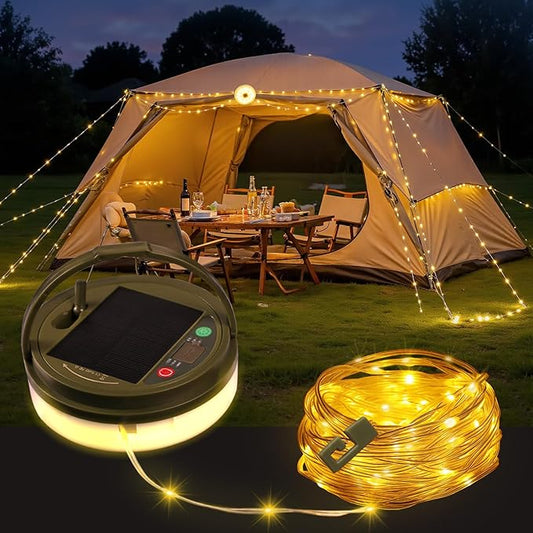 Solar Camping String Lights, 33FT 100LED Quick Storage Rechargeable Tent Lights with 9 Lighting Modes, Portable Camping Fairy Lights Waterproof for Outdoor Patio Garden Party Decorations