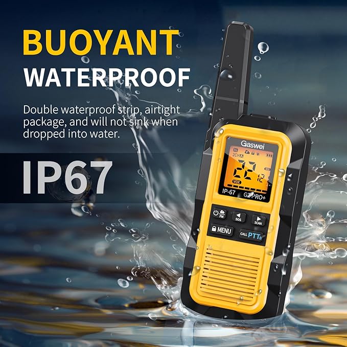 G2Pro+ IP67 Waterproof Floating Walkie Talkies with Double PTT, FM Radio, SOS & NOAA Weather Alerts, 2W Long Range Two-Way Radios for Adults, VOX Enabled, Rechargeable Lithium Battery (4 Pack)