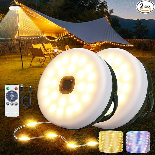 2-Pack Camping String Lights with Remote Control, 4 in 1 Portable Camping Light Rechargeable, 14 Lighting Modes, USB Charging, Quick Storage, 32.8ft Waterproof Tent Light for Hiking, Yard, Christmas
