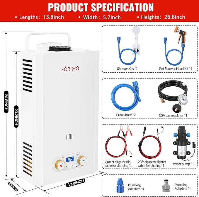 Tankless Water Heater Propane,3.18GPM 12L Outdoor Portable water heater,with 2 GPM Water Pump, with Digital Display Multi-Protection for Camping Trips