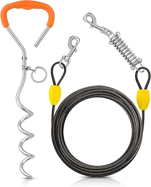 Petbobi Dog Tie-Out Cable and Stake - 20ft Heavy Duty Cable with Spring, No Tangle, 16in Ground Stake, Ideal for Yard, Camping and Beach, Suitable for Small Medium Large Dogs Up to 120 lbs, Black