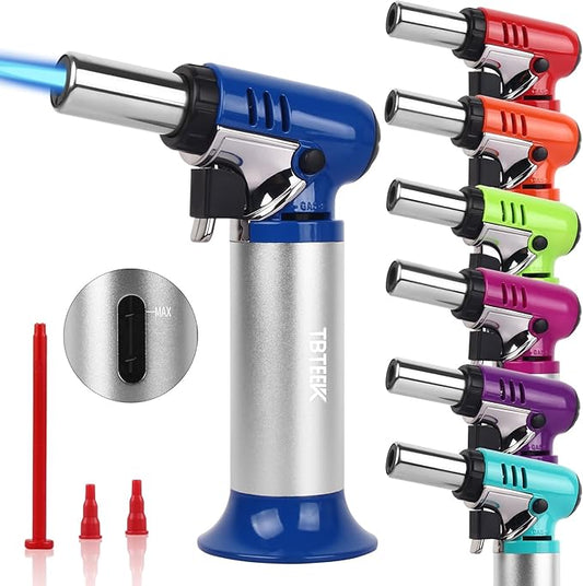 TBTEEK Butane Torch with Fuel Gauge T907, One-hand Operation Kitchen Torch Lighter with Adjustable Flame for BBQ, Baking, Brulee Creme, Crafts and Soldering(Butane Gas Not Included), Blue