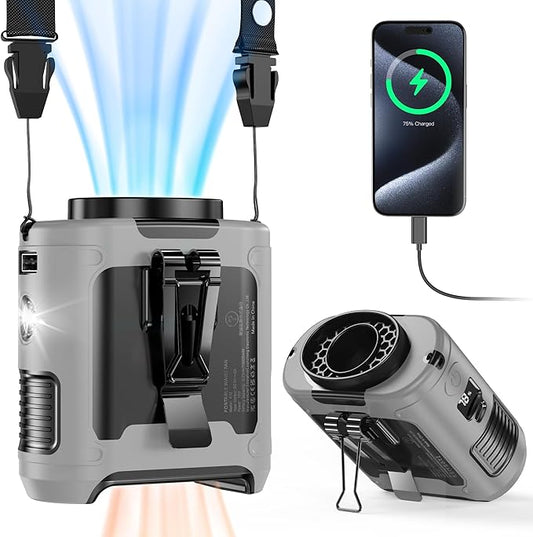 10000mAh Portable Waist Fan Clip On Belt, Max 40H Cooling, 5 Speeds 16000RPM, Rechargeable Hands-free Personal Wearable Neck Fan With Dual Clip & Flashlight for Outdoor Jobsite Camping Traveling