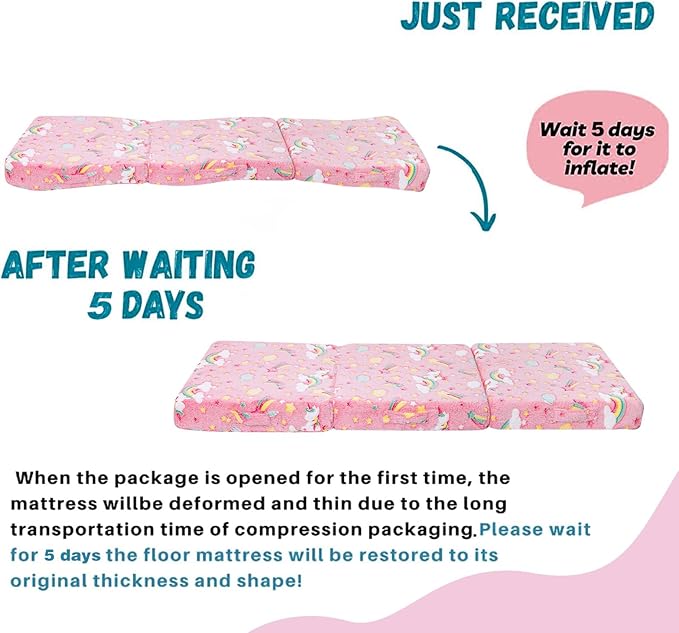 MeMoreCool Glow Pink Unicorn Foldable Floor Mattress for Kids, Trifold Nap Mat for Toddlers, Portable Daycare Sleeping Futon or Floor Bed, 57x22 Inch