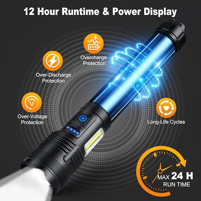 Rechargeable Flashlights 90000 High Lumen, 10000 ɱAh ΒATTERY LED Flashlight with Cob-Light for Home, Super Bright Flash Light 7 Modes, IPX7 Waterproof for Outdoor Camping