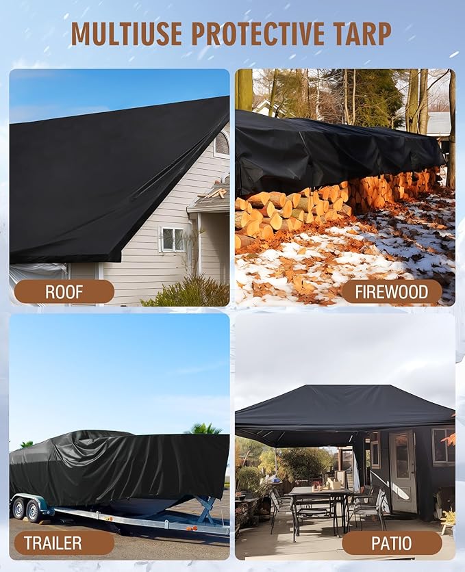 HIRALIY 20 Mil Heavy Duty Waterproof Tarp, 20x20ft Black Tarpaulin with Reinforced Webbing Loops, Multipurpose Oxford Canvas Tarp for Firewood, Roof, Camping, Pool