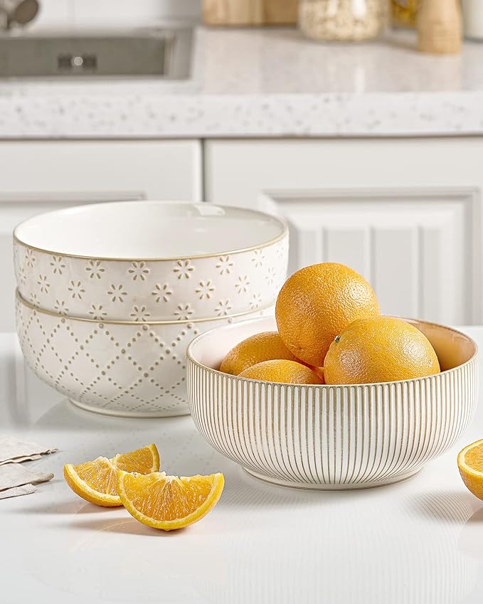 getstar Large Serving Bowls (8 inch & 60 fl oz), Ceramic Salad Bowl Set of 2, Microwave and Dishwasher Safe, Farmhouse Kitchen Decorative Bowls Set (Embossed Checks & Stars)