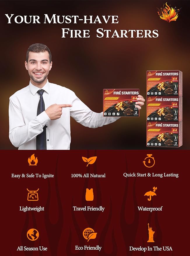 Fire Starter Squares 192, Natural & Odourless FireStarters Cubes for Campfire, Fireplace, Chimney and Barbecue, Water Resistant, Easy to Ignite, Safe Camping Accessories