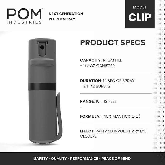 POM Pepper Spray Pocket Clip, Quick Flip Top Safety, Maximum Strength OC Formula with UV Marking Dye, Safe Compact and Tactical Design for Everyday Carry, 25 Bursts, 10 ft Range, 0.5 fl oz
