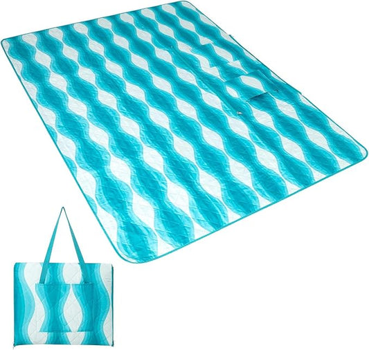 #WEJOY 3 in 1 Outdoor Picnic Blanket, Padded 3 Layers Beach Blanket, 80x60'', 4 Person, Easy to Fold, Waterproof for Lawn,Camping, Park (Cyan)